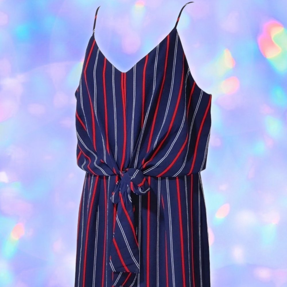 monteau - jumpsuit with tie waist, leg slit, and pinstripes